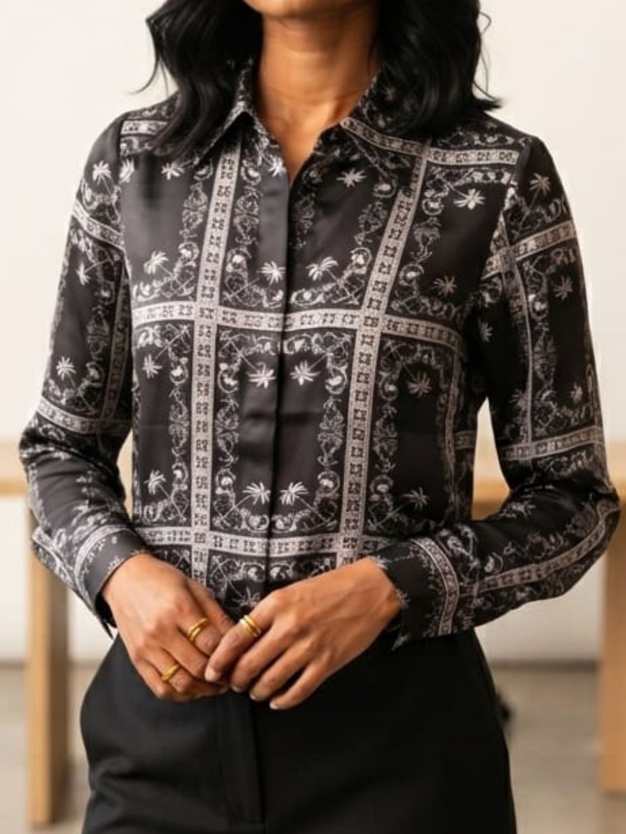 black flawer printed satin shirt